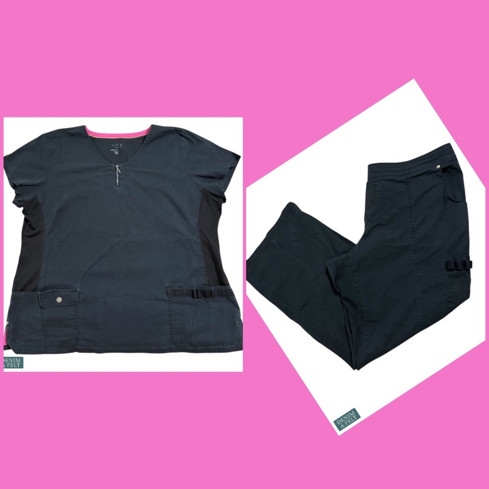 Beyond Scrubs Black & Pink Zip V-Neck Top + Drawstring Pants Set PXL/XXL‎